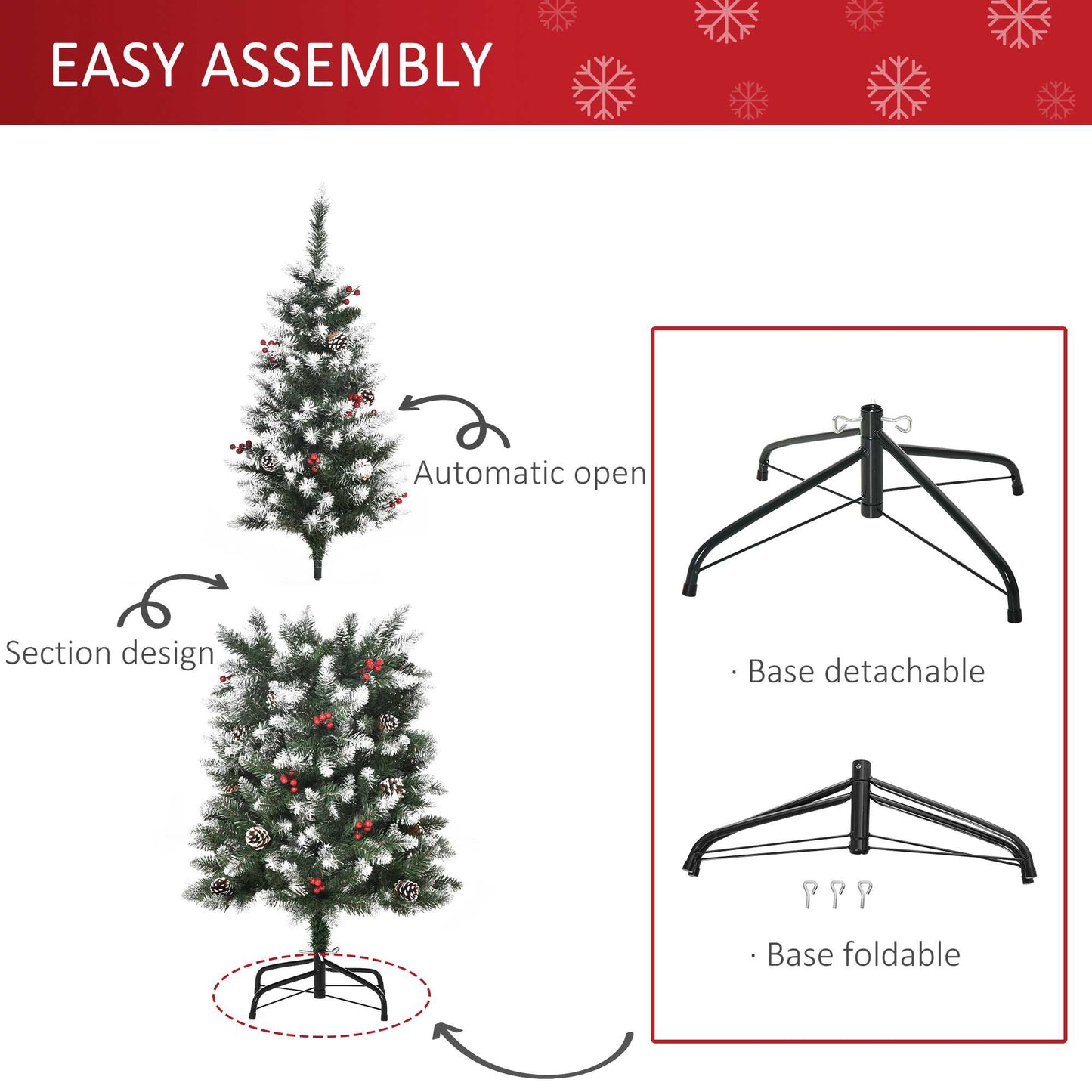 5FT Artificial Christmas Tree Xmas Pencil Tree with Red Berries and Pinecones Holiday Home Indoor Decoration with Foldable Fe
