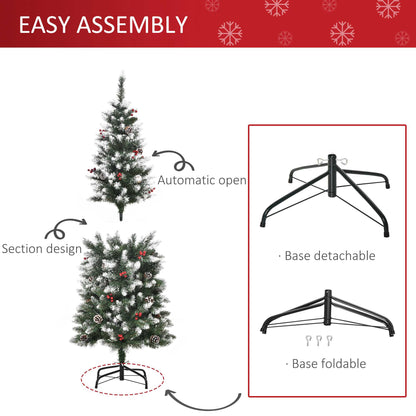 5FT Artificial Christmas Tree Xmas Pencil Tree with Red Berries and Pinecones Holiday Home Indoor Decoration with Foldable Fe