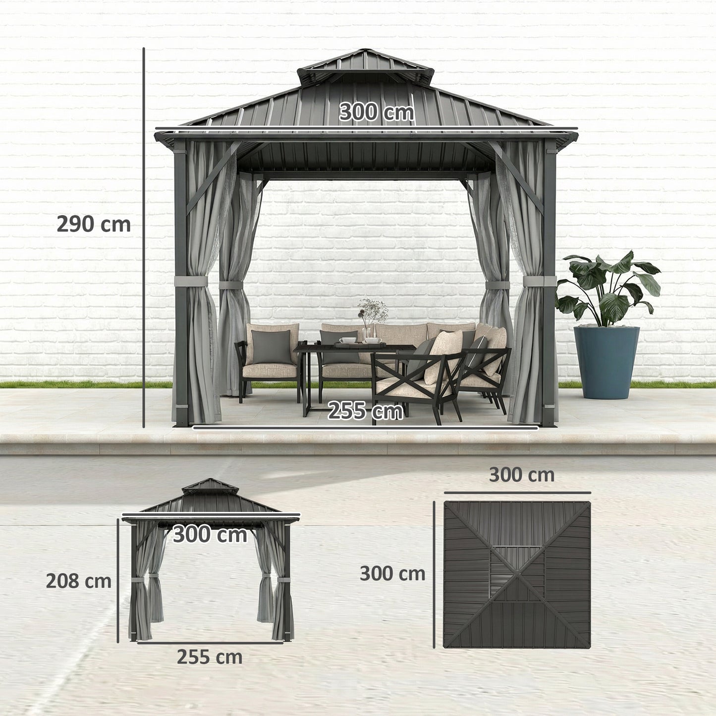 3 x 3(m) Hardtop Gazebo Canopy with Metal Roof, Waterproof Permanent Pavilion Garden Gazebo with Netting, Curtains, Grey