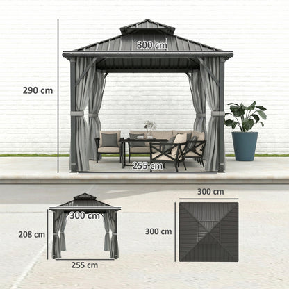 3 x 3(m) Hardtop Gazebo Canopy with Metal Roof, Waterproof Permanent Pavilion Garden Gazebo with Netting, Curtains, Grey