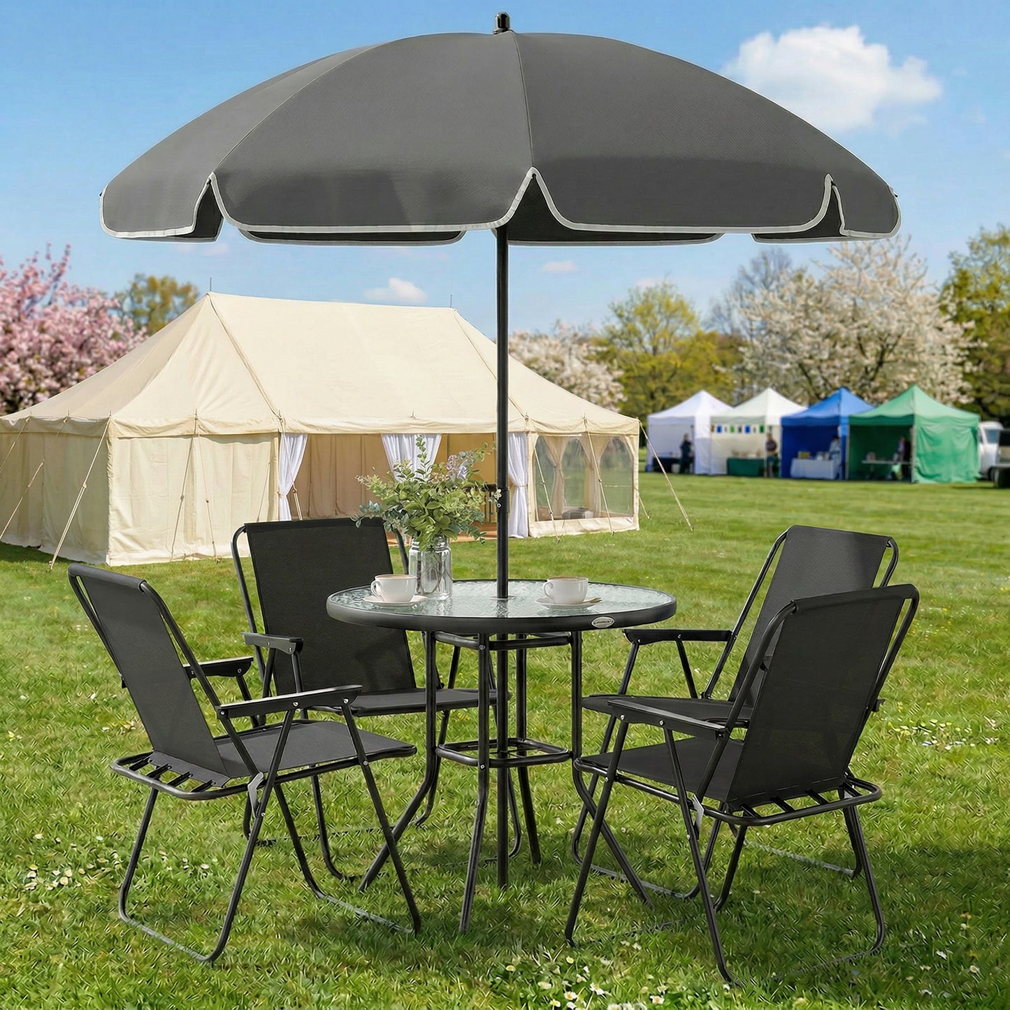 4 Seater Garden Furniture Set, 6 Pieces Garden Table and Chairs with Parasol for Patio, Black