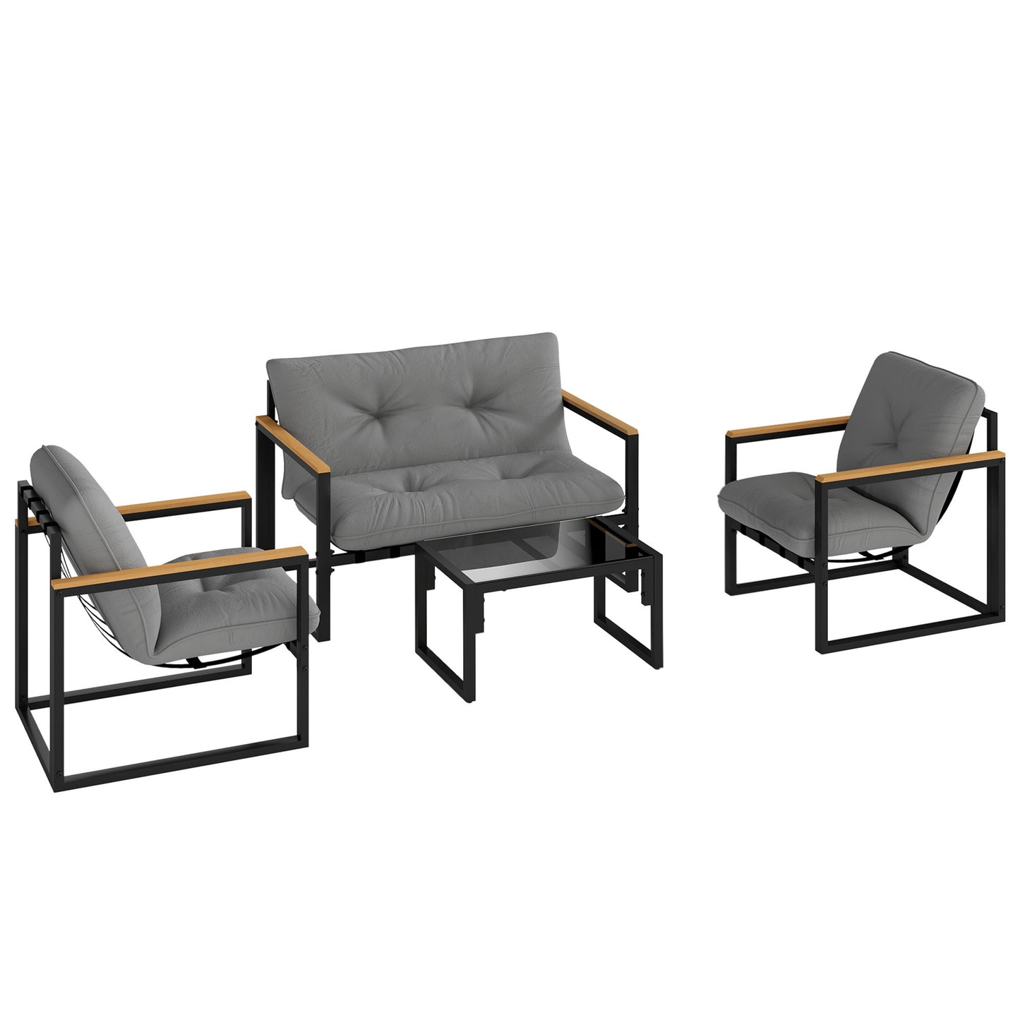 Garden Furniture Set, 4 Piece Indoor Outdoor Conservatory with Loveseat Sofa, Armchairs, Glass Top Coffee Table