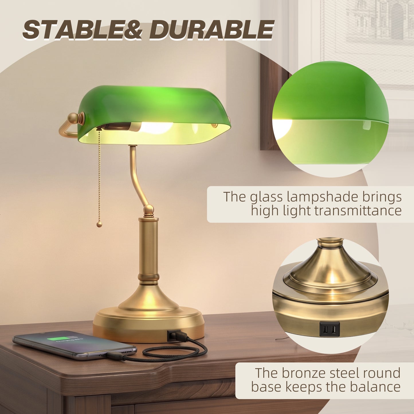 Desk Lamp with USB Ports, Banker's Table Lamp Desk Lamp with Vintage Bronze Tone Base and Pull Rope Switch, Green