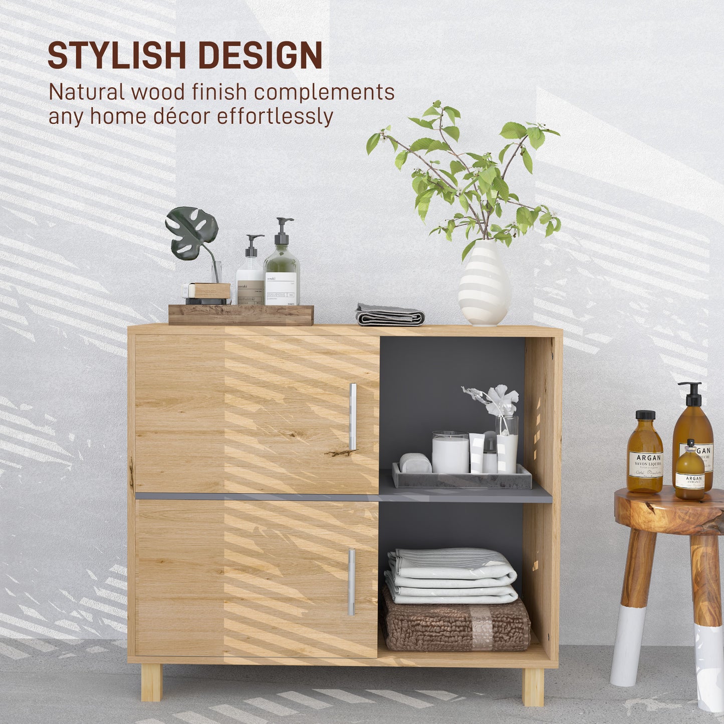 Bathroom Cabinet, Freestanding Bathroom Cabinet with Open Compartments and Double Doors