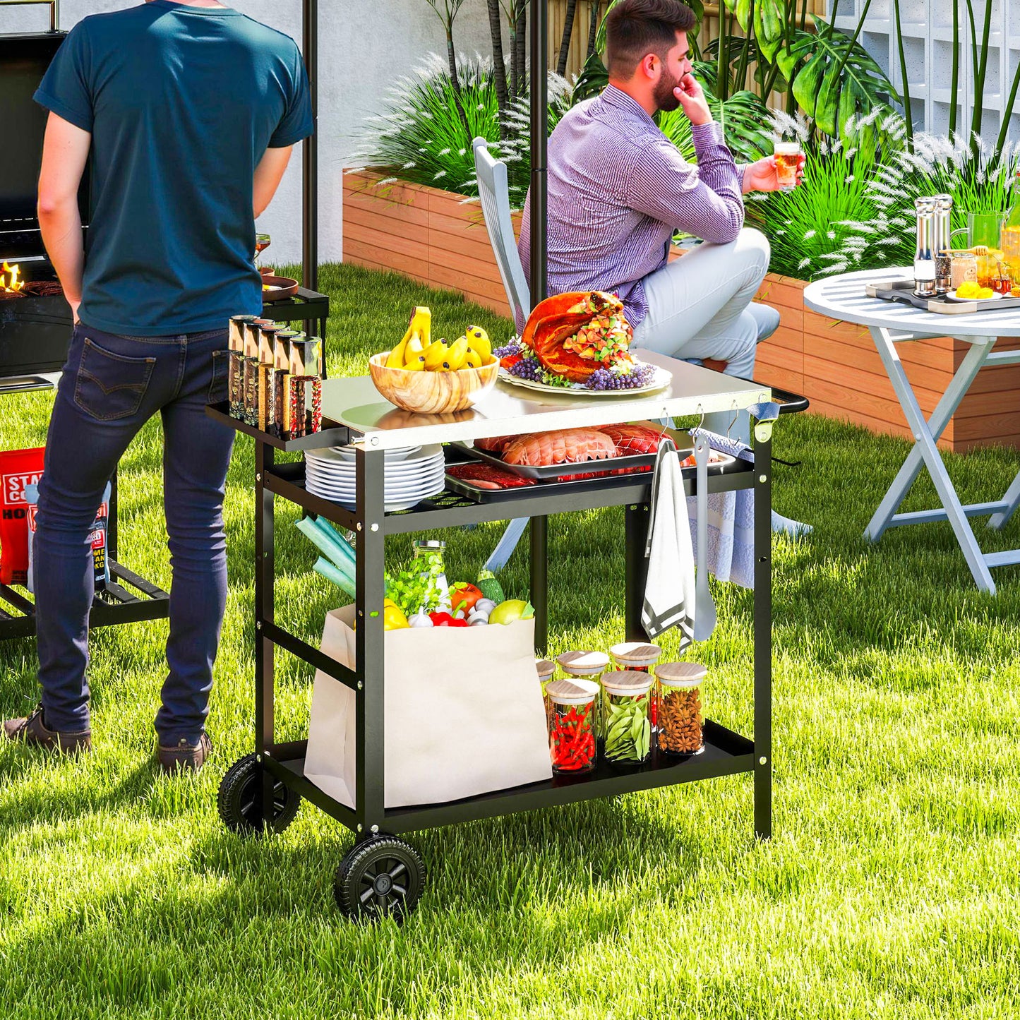 BBQ Trolley with Stainless Steel Top Adjustable Shelf, Outdoor Kitchen Barbecue Station with Hooks Seasoning Tray Towel Rack