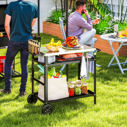 BBQ Trolley with Stainless Steel Top Adjustable Shelf, Outdoor Kitchen Barbecue Station with Hooks Seasoning Tray Towel Rack
