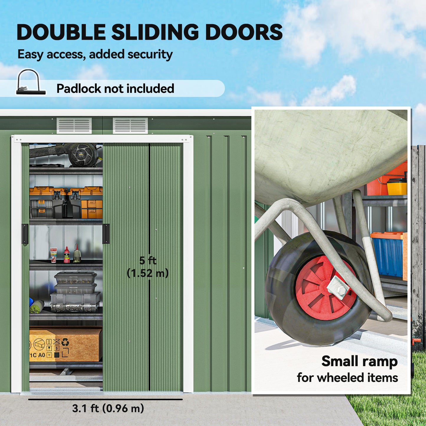 9ft x 4ft Metal Garden Shed, Outdoor Tool House with Foundation Kit, Ventilations and Double Doors, Light Green
