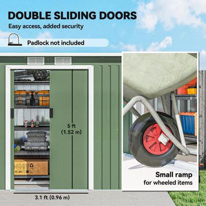9ft x 4ft Metal Garden Shed, Outdoor Tool House with Foundation Kit, Ventilations and Double Doors, Light Green
