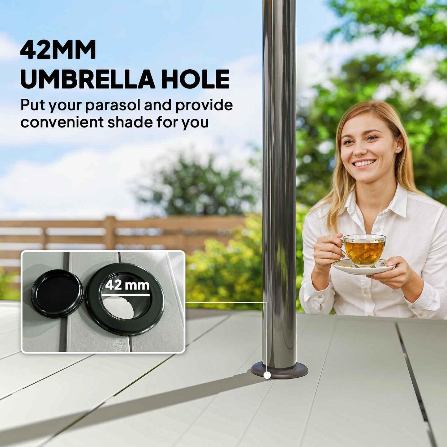 Rectangle Garden Table with Parasol Hole, Outdoor Dining Table for 6, Patio Table for Balcony, 150cm x 90cm, Light Grey
