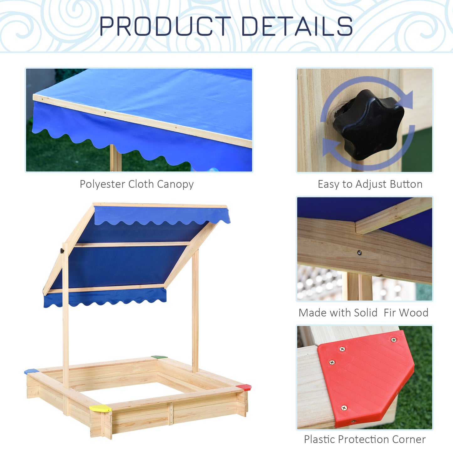 Sandpit, Kids Wooden Sandbox with Adjustable Canopy, Bench Seats & Protective Corners for 3-6 Years Boys Girls, 120x120x120cm