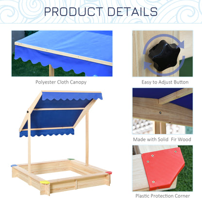 Sandpit, Kids Wooden Sandbox with Adjustable Canopy, Bench Seats & Protective Corners for 3-6 Years Boys Girls, 120x120x120cm