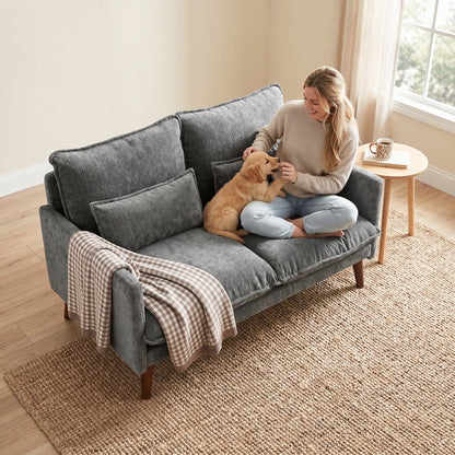 2 Seater Sofa, Loveseat Sofa with Spring Cushions, Wide and Deep Seat, Wood Legs, Grey