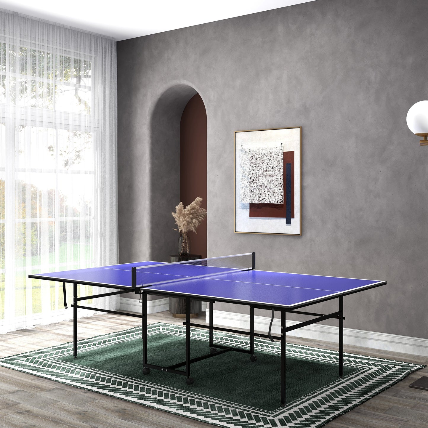 9FT Folding Table Tennis Table with Four Wheels, for Indoor Use, Blue