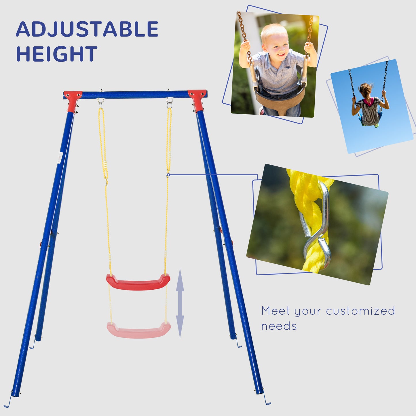 Kids Swing Set Toddler Swing Adjustable Rope Heavy Duty A-Frame Stand Outdoor Playset for 3-8 Years Old Blue