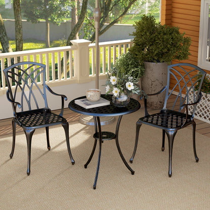 3 Pieces Garden Dining Set for 2, Cast Aluminium Outdoor Dining Set with 2 Armchairs and Round Dining Table with Parasol Hole