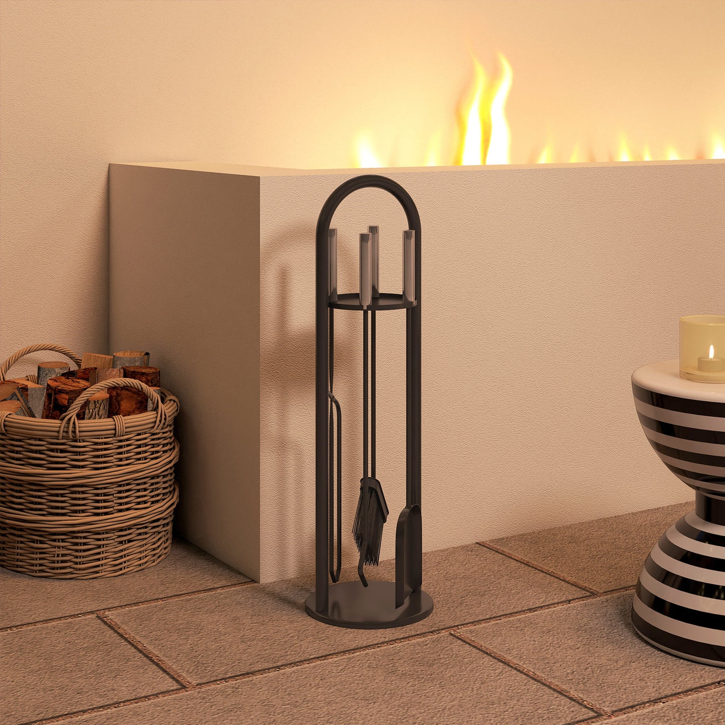 5 Pieces Fireplace Tools Set, Metal Fireplace Accessories Fireside Companion Set with Broom, Shovel, Poker and Bucket, Silver