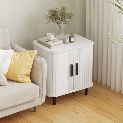 Nightstand with Sliding Doors and Metal Legs White Wood Effect