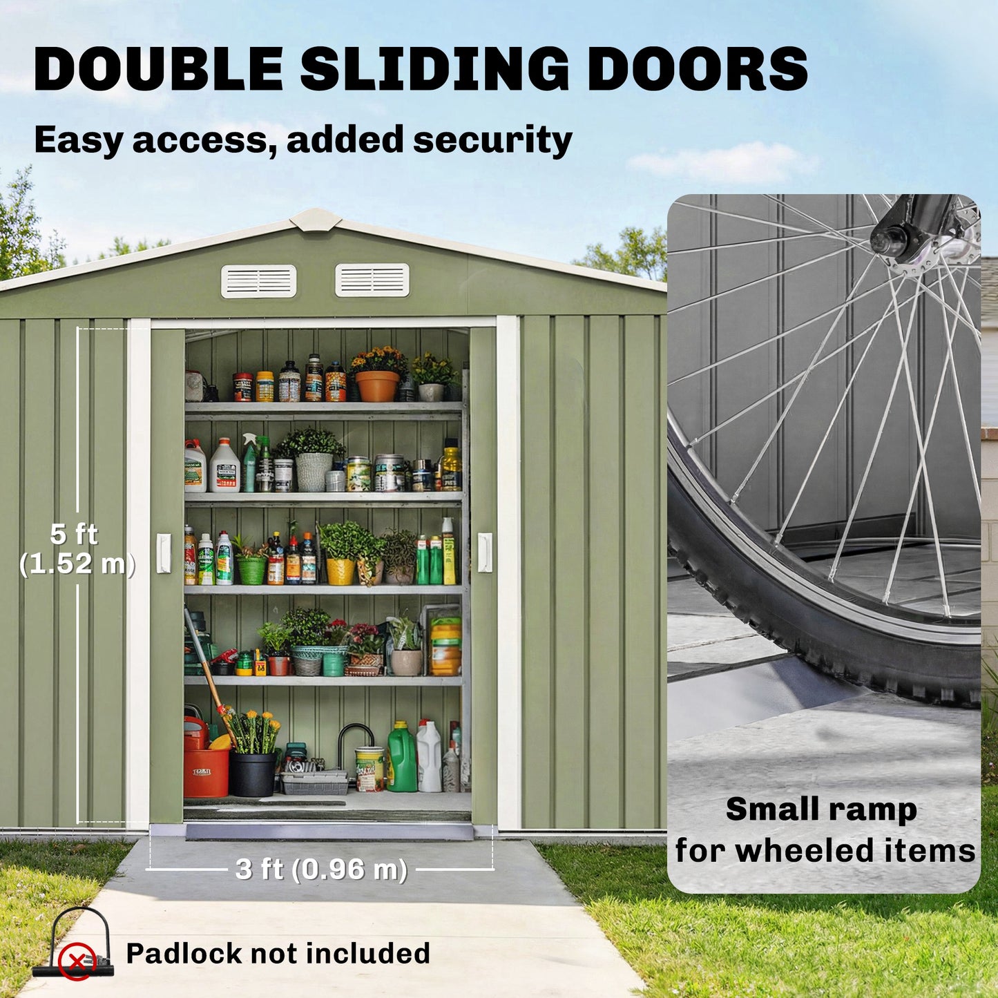 9 x 6ft Metal Garden Shed, Waterproof Outdoor Bike Storage Shed Galvanised with Vents, Foundation Kit