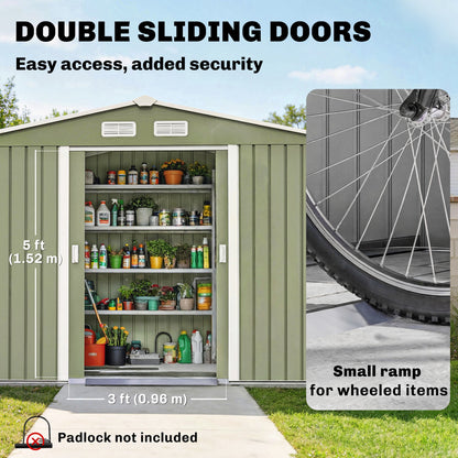 9 x 6ft Metal Garden Shed, Waterproof Outdoor Bike Storage Shed Galvanised with Vents, Foundation Kit