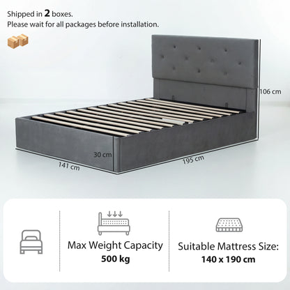 Double Bed Frame Gas End Lift Under Bed Storage Upholstered Platform Bed Tufted Headboard for 140 x 190 cm Mattress