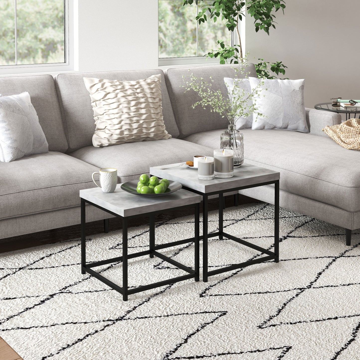 Coffee Table Set of 2, Nest of Tables with 3.5cm Thick Tabletop, Grey
