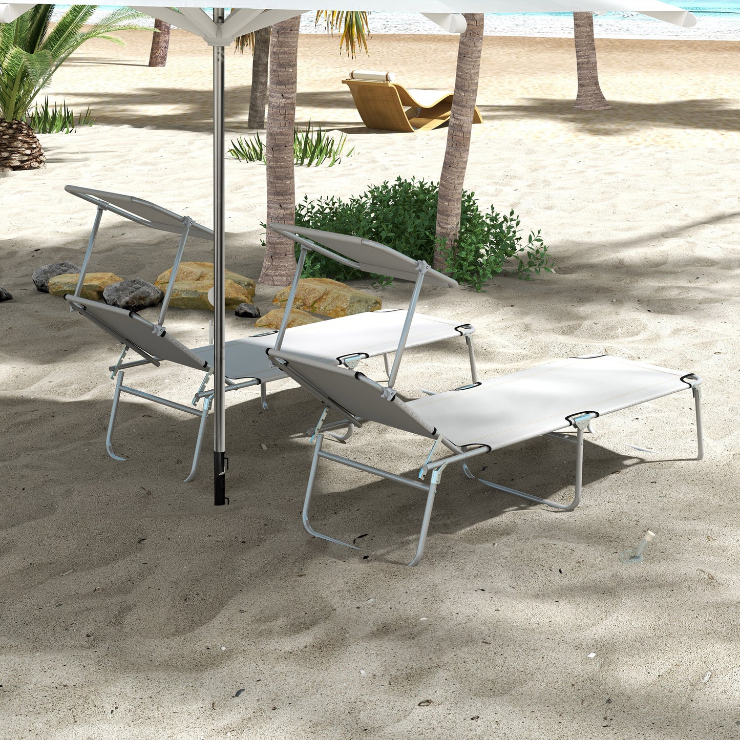 Folding Sun Lounger Set of 2 with Canopy, Reclining Sunbed with 4-Position Adjustable Backrest, 600D Oxford Cloth