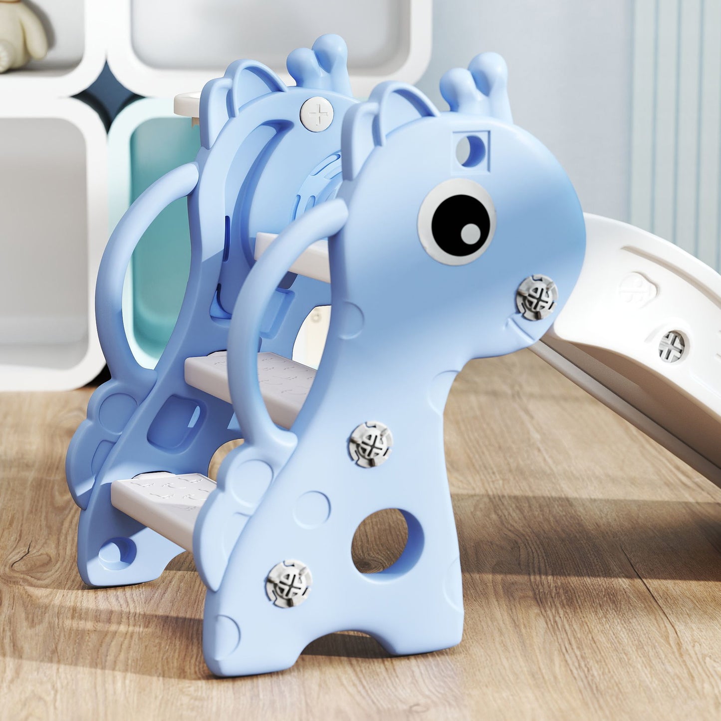 3 in 1 Kids Slide with Climber, Basketball Hoop and Ball, Giraffe Shape Climber Slide for Indoor Kids Age 1-3, Blue