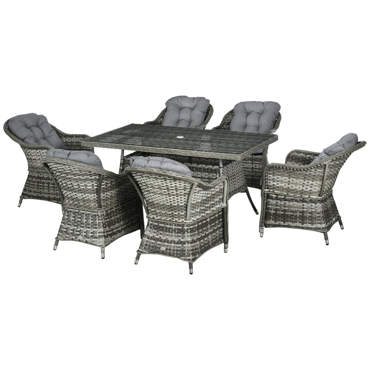 Seven-Piece Rattan Dining Set with Tempered Glass Table Top and Parasol Hole - Grey