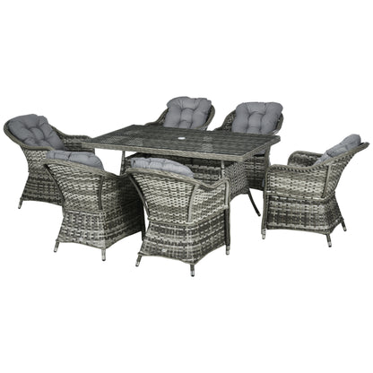 Seven-Piece Rattan Dining Set with Tempered Glass Table Top and Parasol Hole - Grey