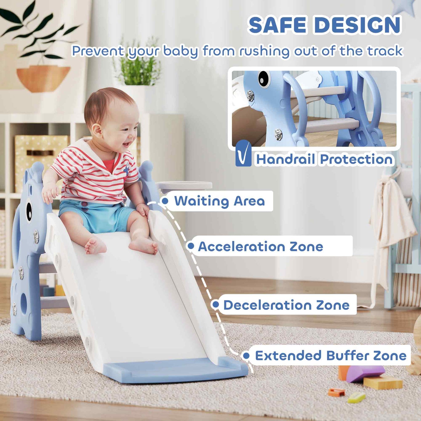 3 in 1 Kids Slide with Climber, Basketball Hoop and Ball, Giraffe Shape Climber Slide for Indoor Kids Age 1-3, Blue