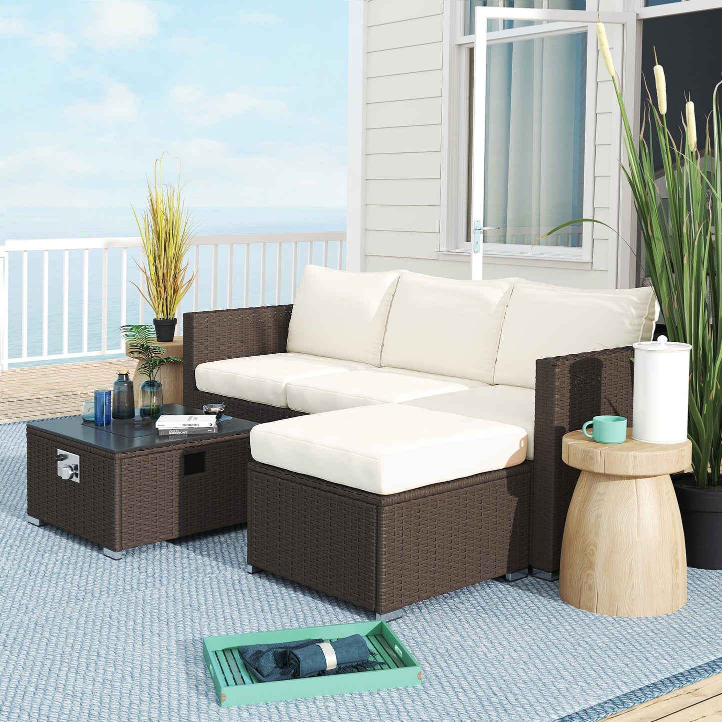 Five Piece Rattan Garden Furniture Set with Gas Fire Pit Table and Footstool - Brown and Cream White
