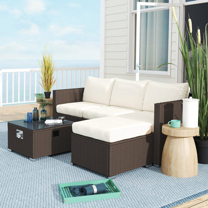 Five Piece Rattan Garden Furniture Set with Gas Fire Pit Table and Footstool - Brown and Cream White