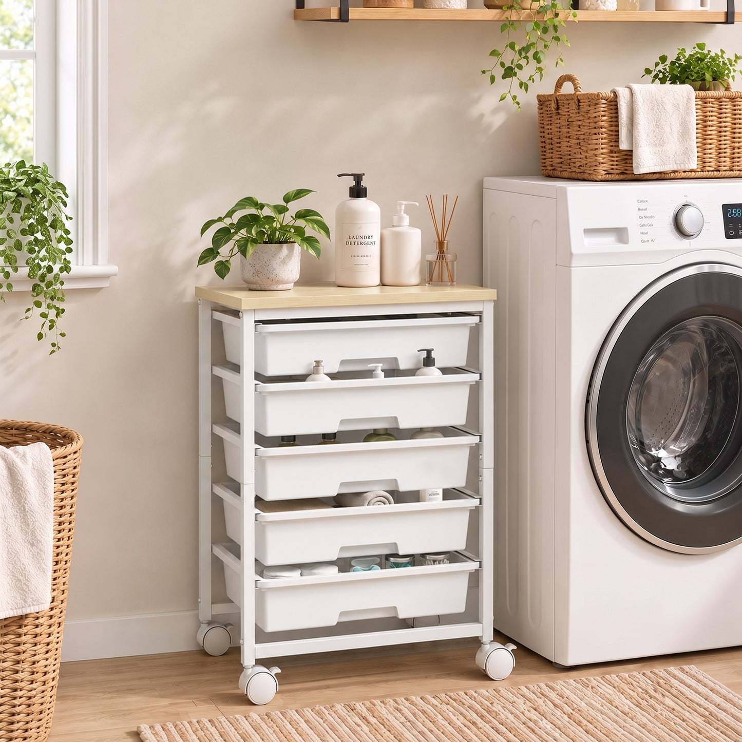 6-Tier Storage Trolley on Wheels, Metal Kitchen Rolling Cart with 5 Pull-Out Drawers, White