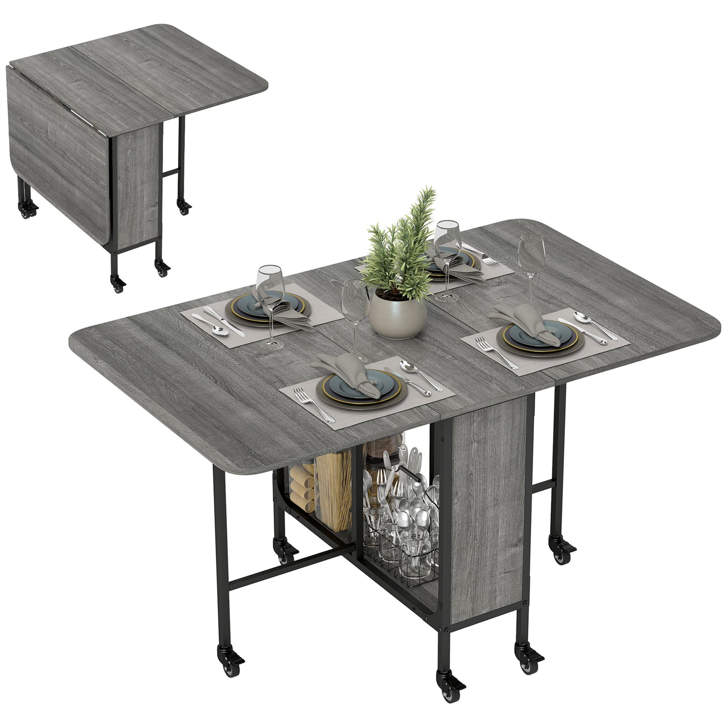 Six-Person Drop Leaf Dining Table - Grey/Black