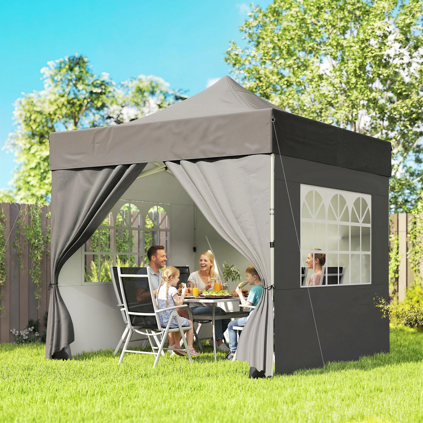 3 x 3 m Pop Up Gazebo with Sidewalls, UPF50+ Heavy Duty Garden Party Tent Marquee with Wheeled Carry Bag, Dark Grey