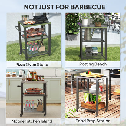 Three-Shelf Outdoor Grill Cart with Stainless Steel Top, Outdoor Kitchen Island with 4 Wheels, 3 Hooks