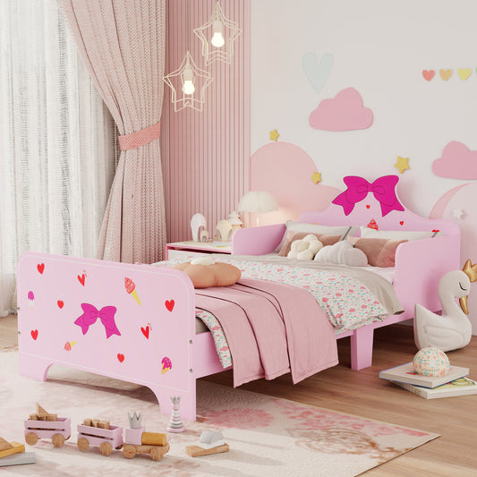ZONEKIZ Princess-Themed Kids Toddler Bed w/ Cute Patterns, Safety Rails, for Ages 3-6 Years - Pink