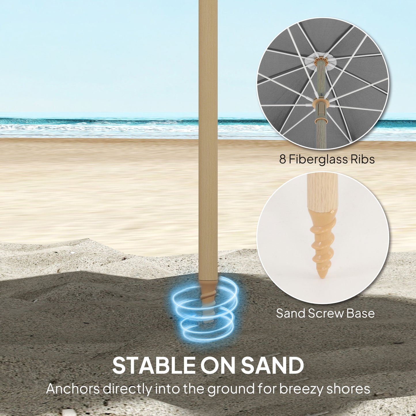 1.7 m Beach Umbrella with Sand Anchor, 30° Tilting Fringed Beach Garden Parasol with Adjustable Height, Grey