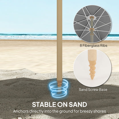 1.7 m Beach Umbrella with Sand Anchor, 30° Tilting Fringed Beach Garden Parasol with Adjustable Height, Grey