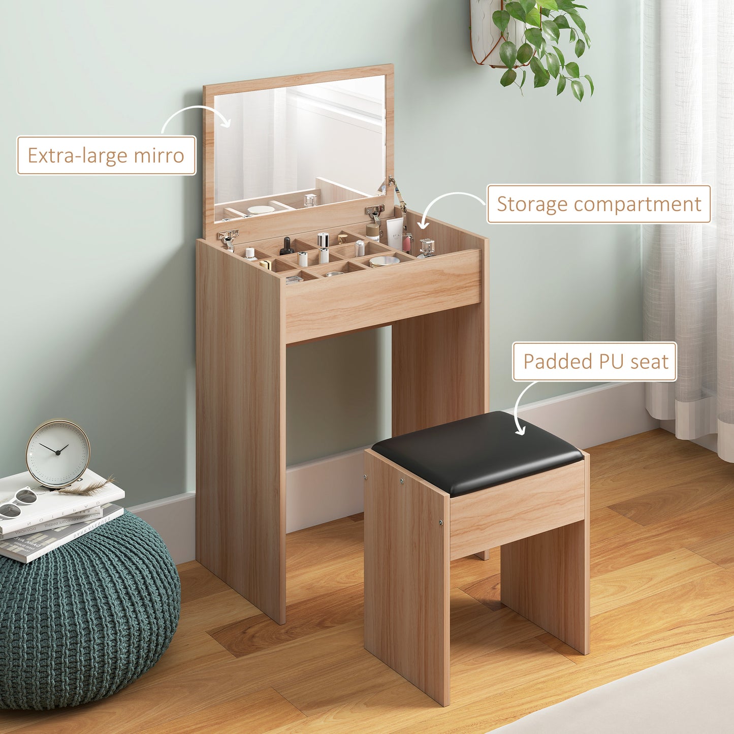 Dressing Table with Mirror and Stool, Vanity Makeup Table with Flip Up Mirror, Vanity Desk with Storage Unit and Padded Seat