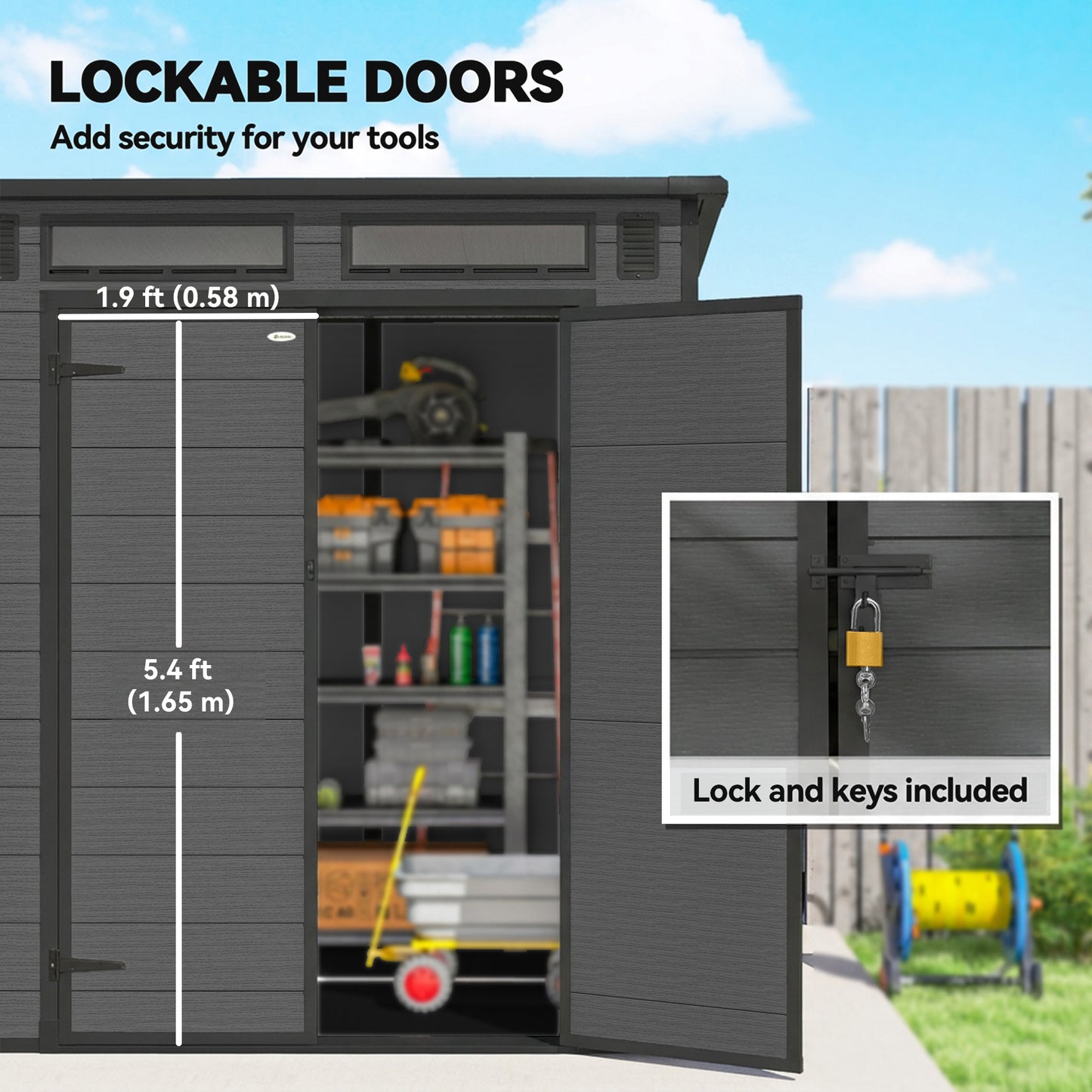 6 x 6 ft Plastic Garden Shed, Wood-Effect Outdoor Storage Shed with Floor, Windows, Lockable Doors and Vents, Dark Grey