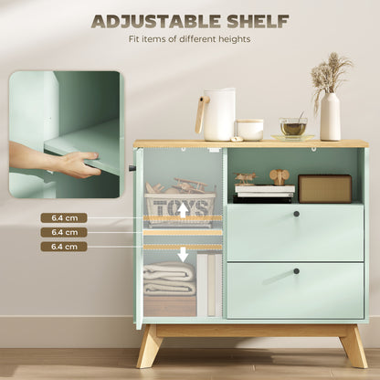 Sideboard Storage Cabinet, 80 cm Buffet Cabinet with 2 Drawers, Open Compartment, Adjustable Shelf, Light Green and Oak