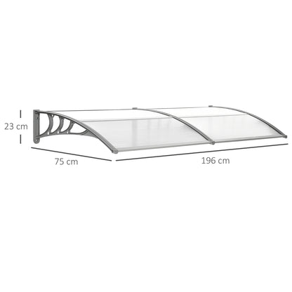 Front Door Canopy Outdoor Awning Aluminium Rigid Plastic Polycarbonate Rain Shelter UV Water Rain Resistant 196 x 75cm Clear