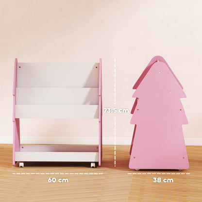 Kids Bookshelf with Toy Storage, Double-Sided Bookcase with Wheels, 3 Tier Kids Book Rack for Bedroom, Pink