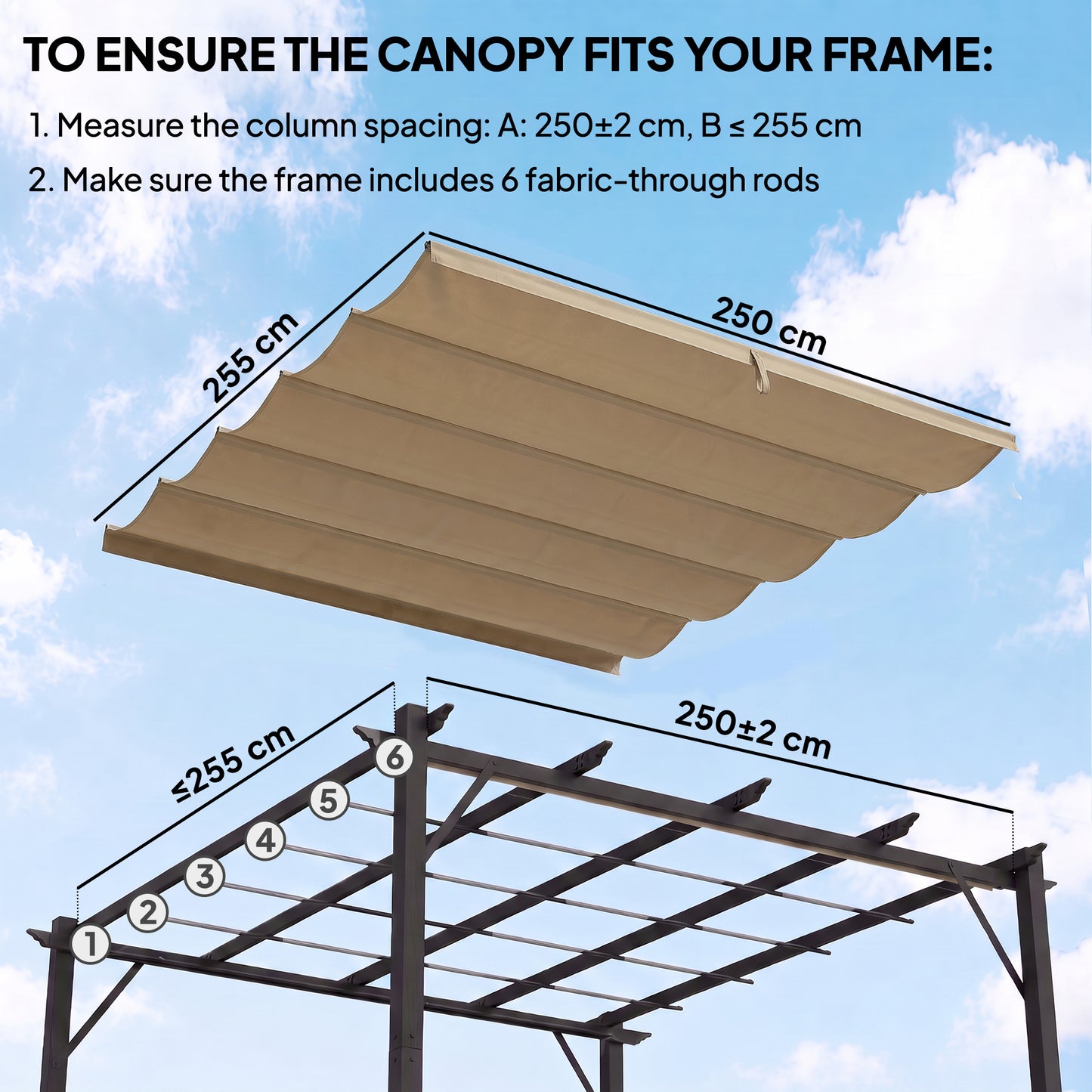 Retractable Pergola Cover, 2.55 x 2.5 m Replacement Canopy Fabric for 3 x 3 m Frame, Roof Top Only, Tan