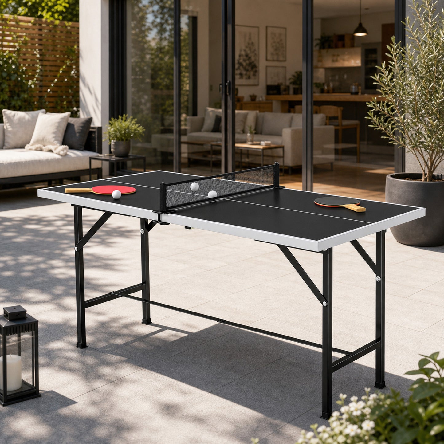 5ft Mid-Size Table Tennis Table, Ping Pong Table with Net, 2 Table Tennis Paddles and 3 Balls for Indoor Game, Black