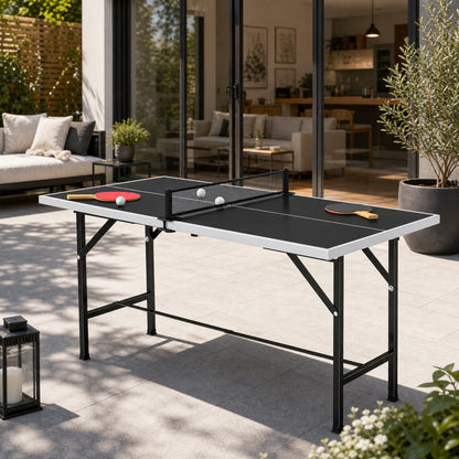 5ft Mid-Size Table Tennis Table, Ping Pong Table with Net, 2 Table Tennis Paddles and 3 Balls for Indoor Game, Black