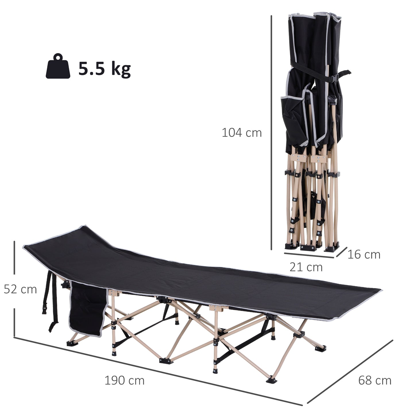 Single Person Camping Bed Folding Cot Outdoor Patio Portable Military Sleeping Bed Travel Guest Leisure Fishing with Side Poc