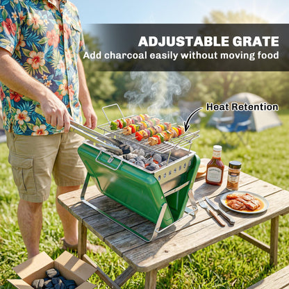 Charcoal BBQ Grill Portable Stainless Steel Barbecue with Tilting Grate for Camping Picnic Garden Dark Green