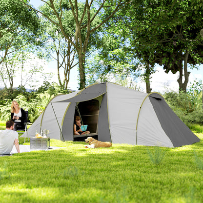 Four-Man Tunnel Tent, with Two Bedrooms and Living Room - Grey/Yellow